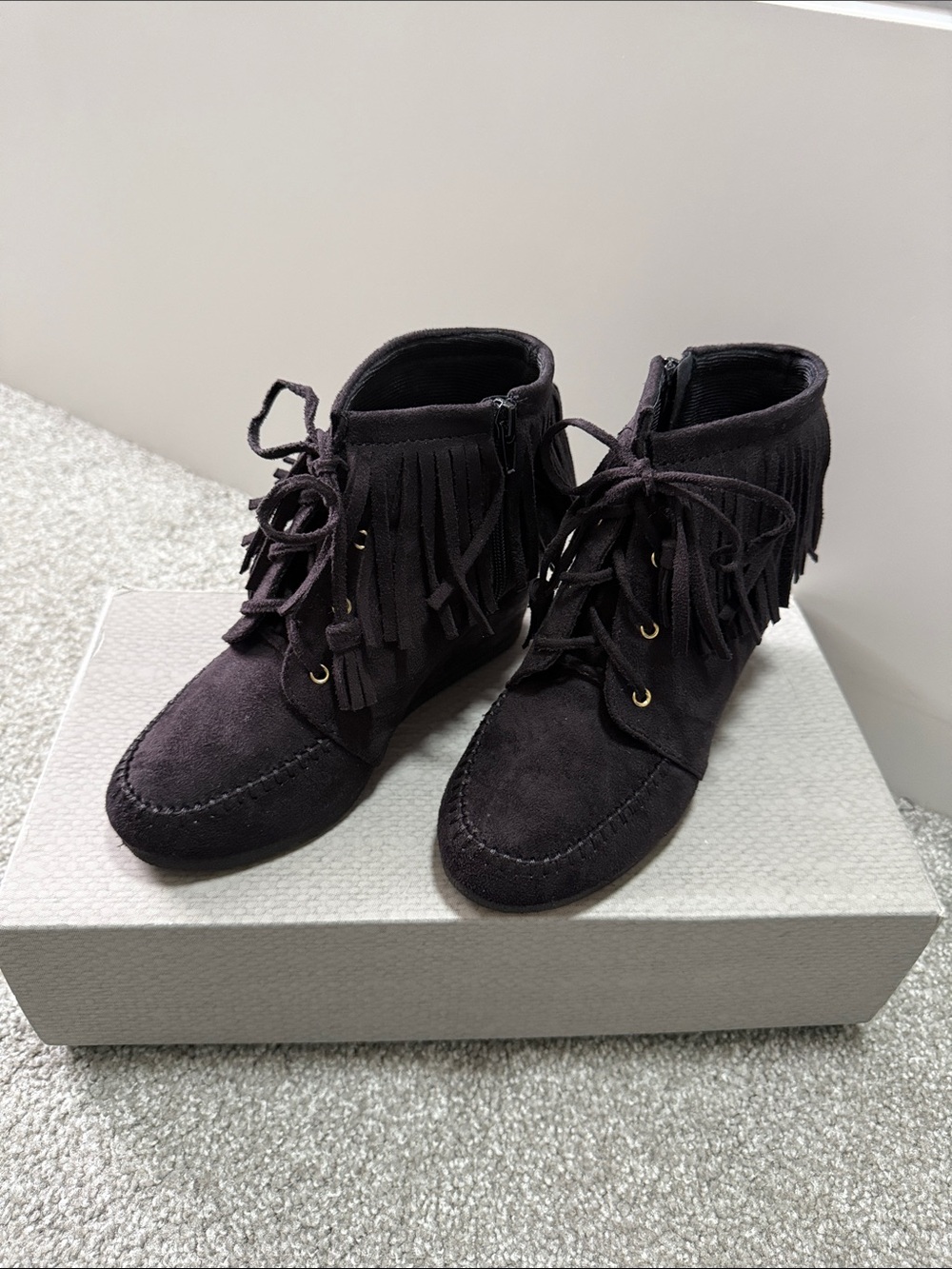 Maurices Black Fringe Wedge Moccasin Ankle Boots
